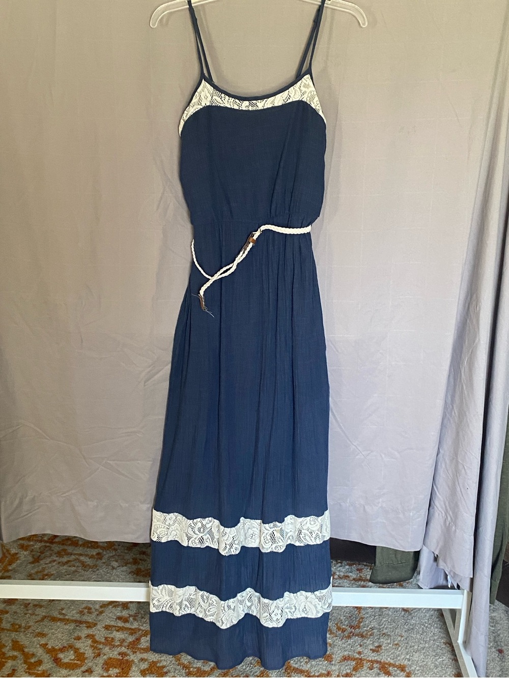 Charlotte Russe Navy Blue Maxi Dress with White Lace Trim